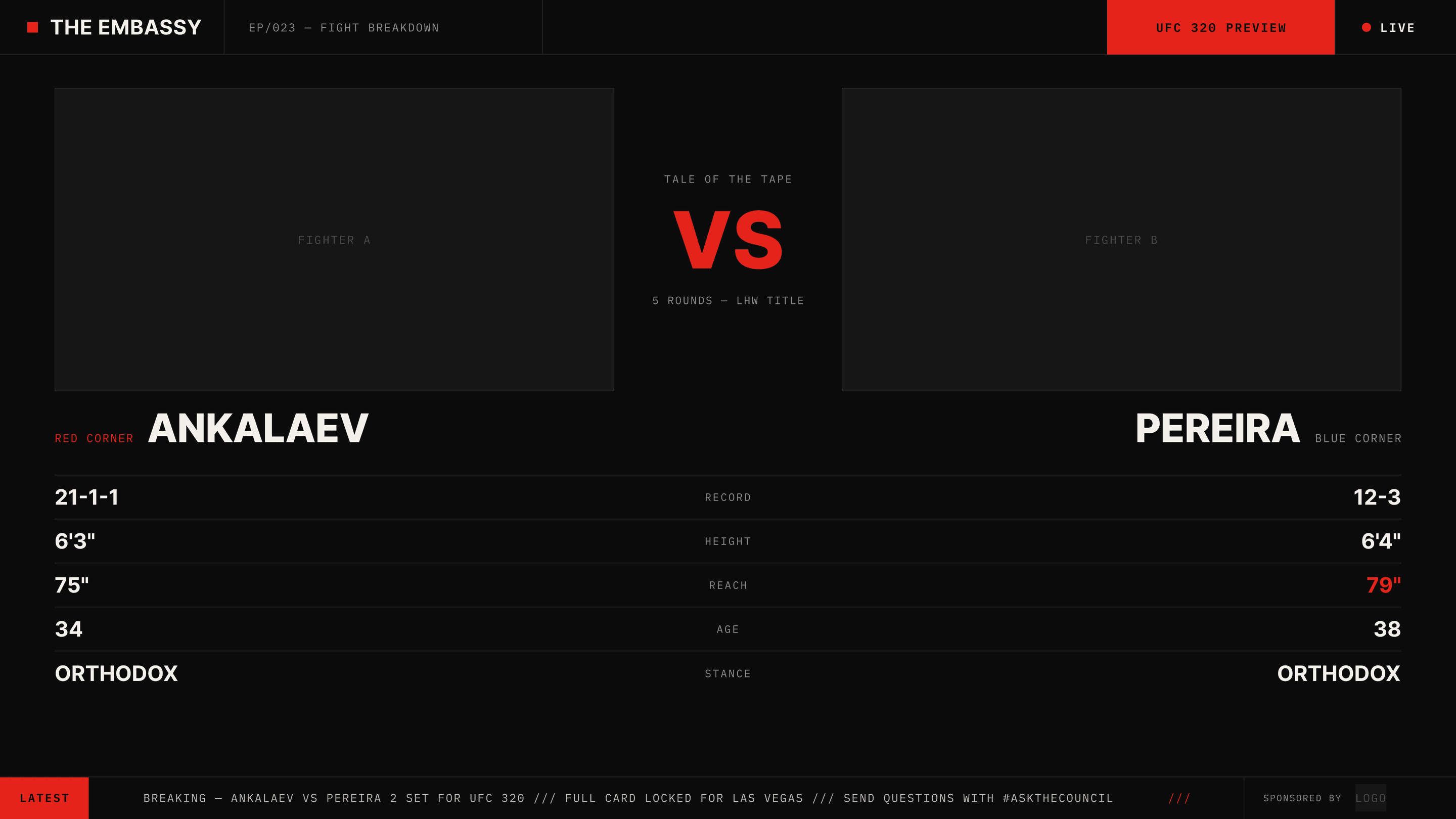 The same breakdown with the cameras dropped: two fighter frames, their names at scale, and the tale of the tape running the full width beneath them.