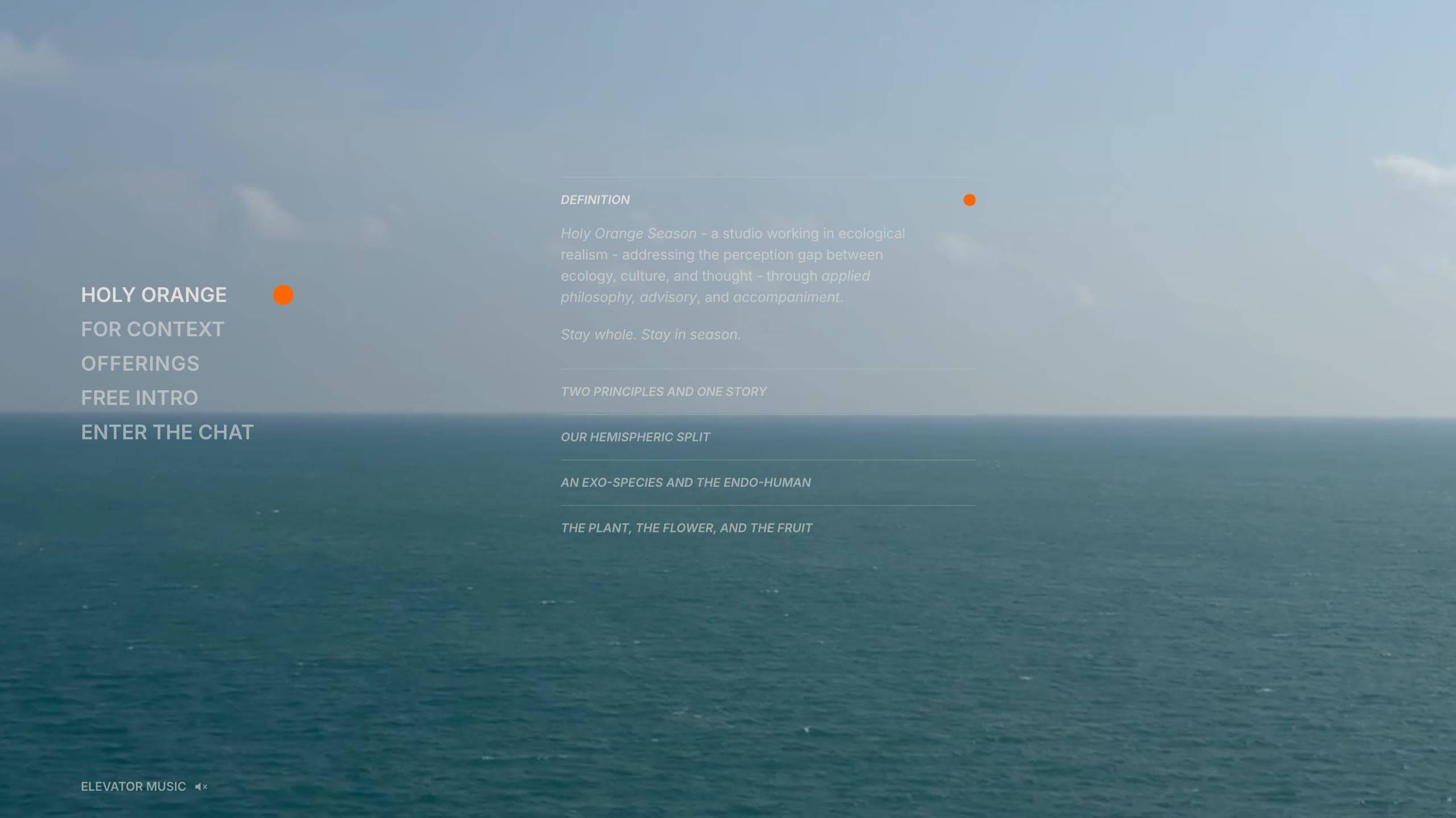 Holy Orange open beside the menu, its first row, Definition, unfolded and the four rows after it closed.