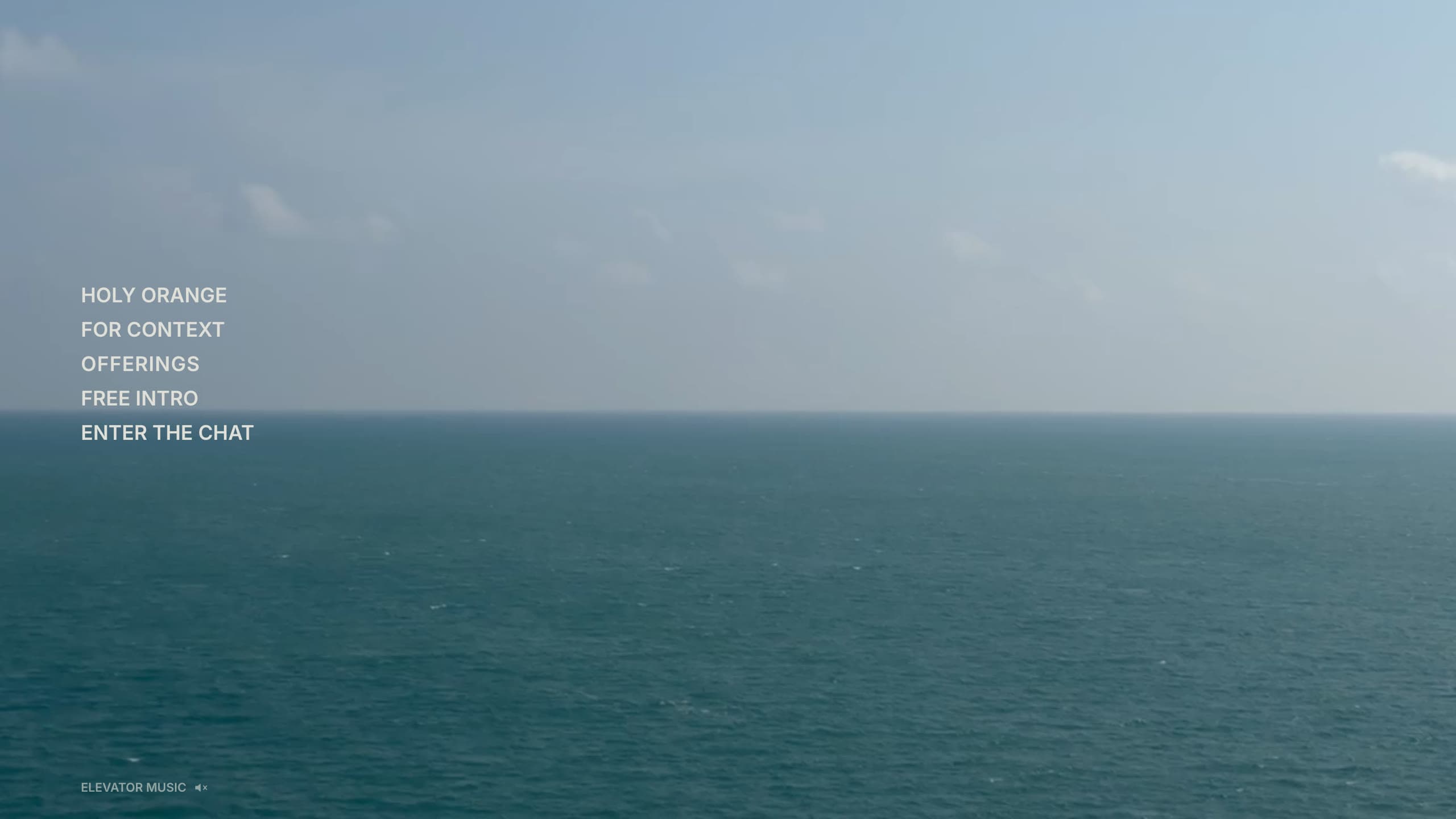 The home screen: HOLY ORANGE, FOR CONTEXT, OFFERINGS, FREE INTRO and ENTER THE CHAT on the left margin over a film of the open sea, ELEVATOR MUSIC at the foot.