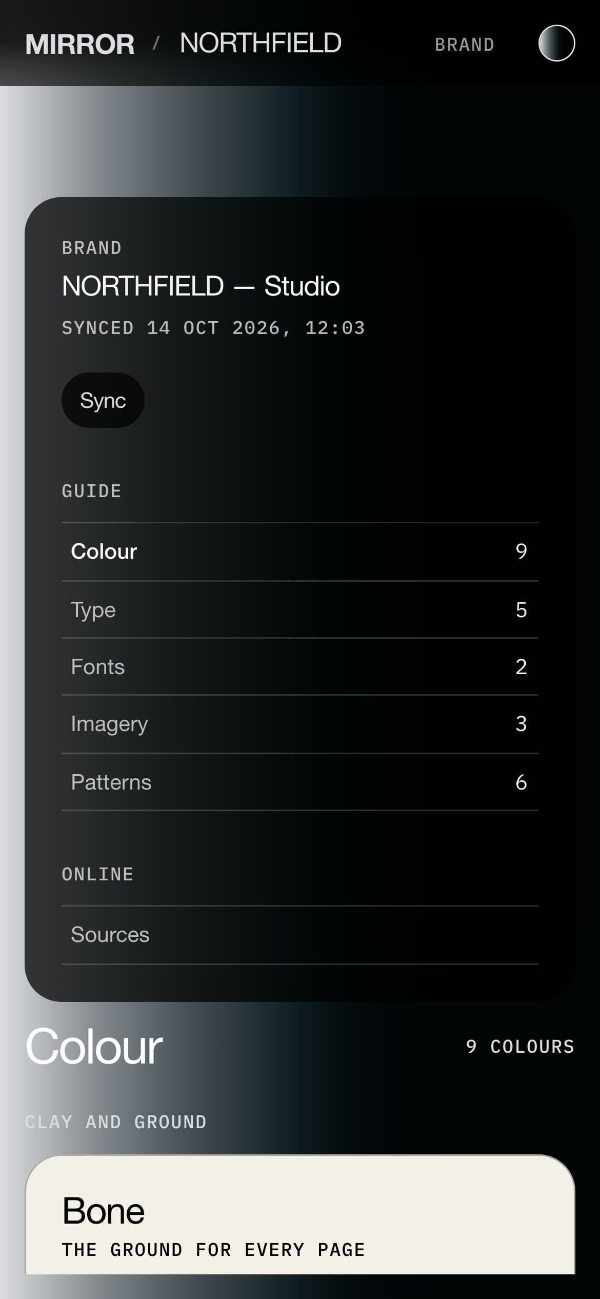 The brand page on a phone: the guide's sections listed, then the colour section beginning with Bone.