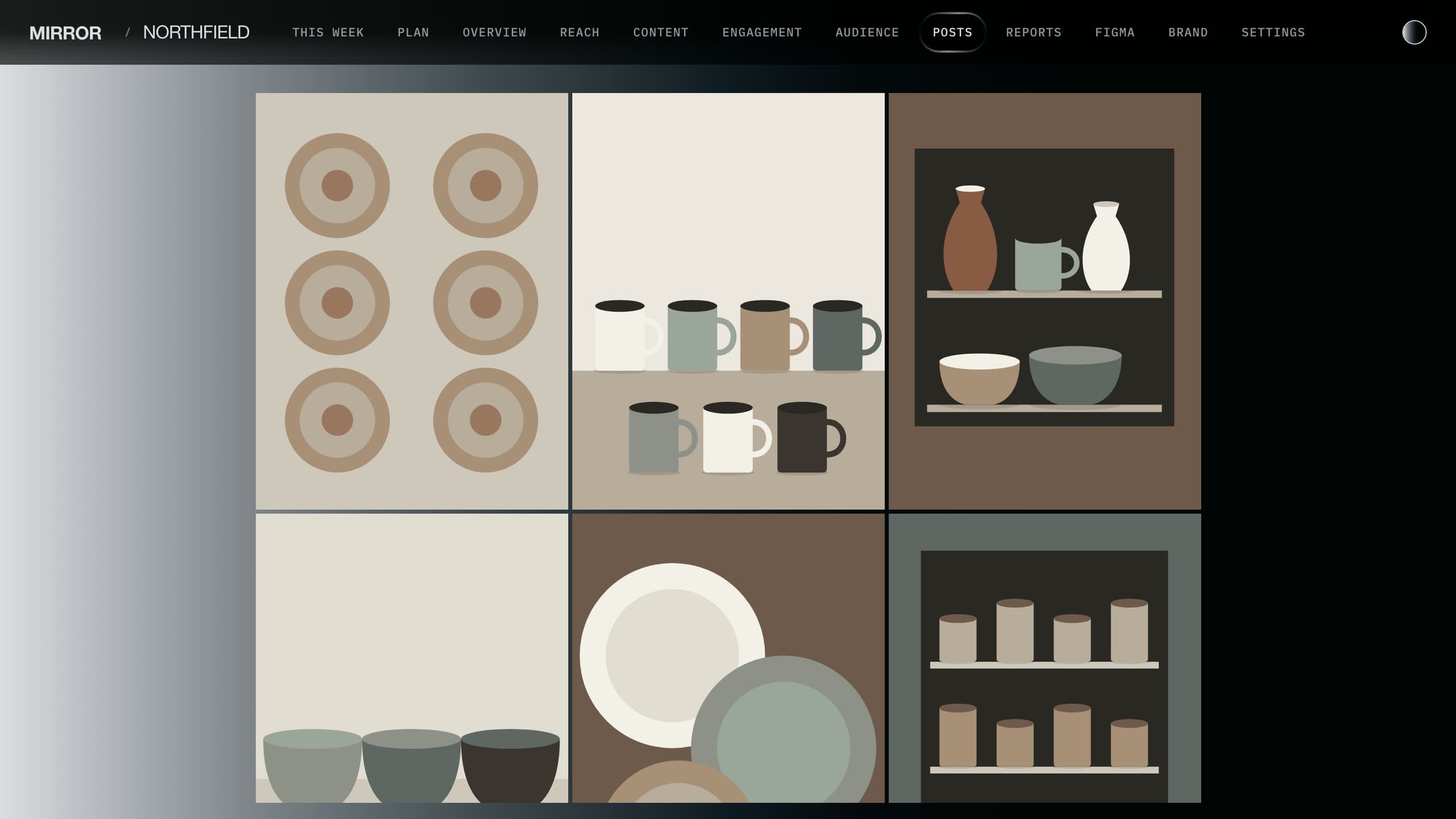 The account's posts as a gallery: illustrated bowls, mugs, plates and shelves in clay, sand and sage.
