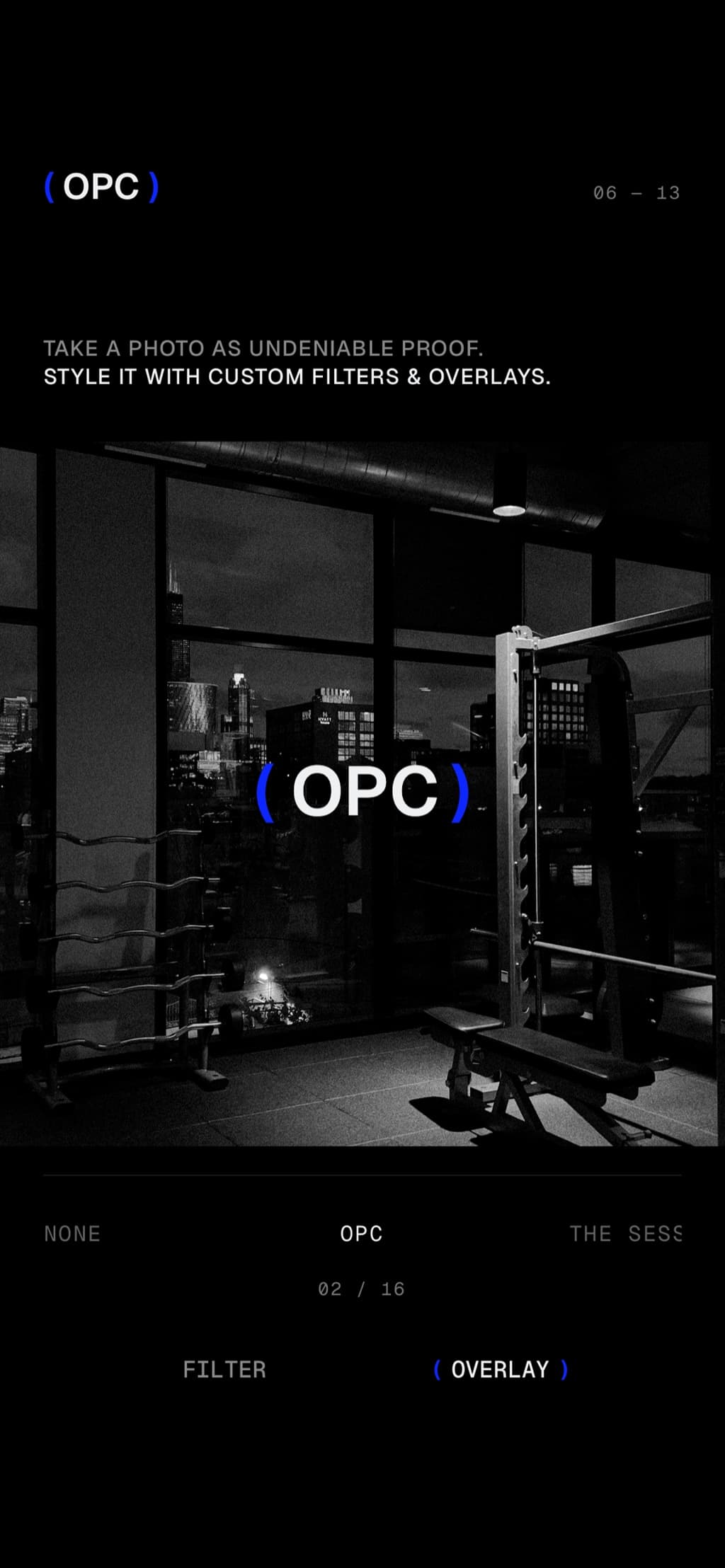 A gym at night in black and white with the ( OPC ) mark burned across it, and a filter picker below.