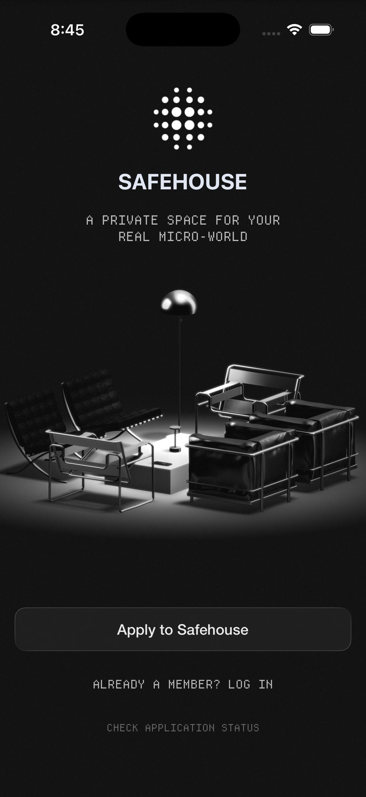 The app's opening screen: the dot mark over a lit lounge render, with apply, log in and check-application-status.