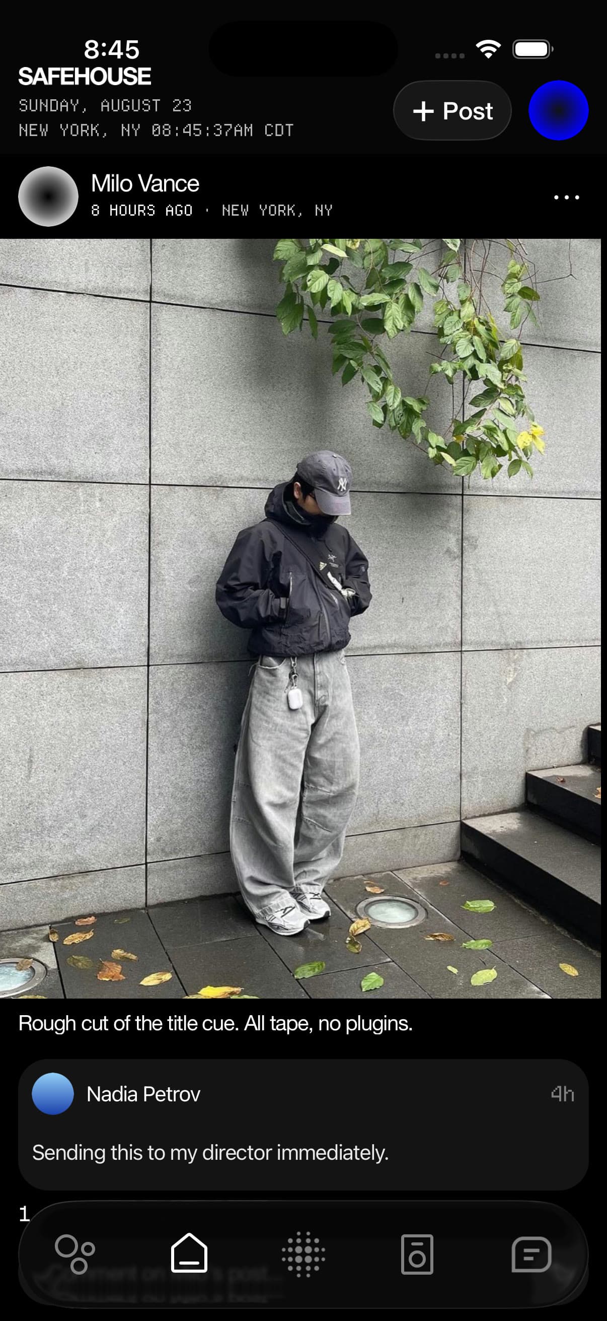 A post in the feed — a member's photograph, the caption under it, and one reply.