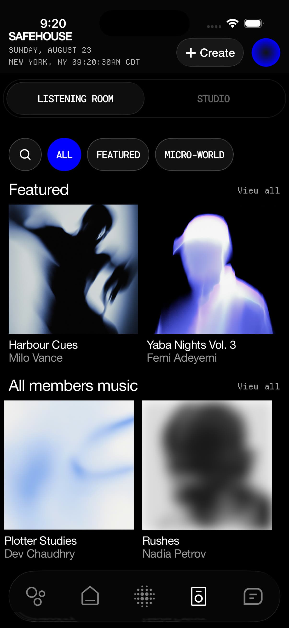 The listening room: featured releases and members' music, each with its sleeve.