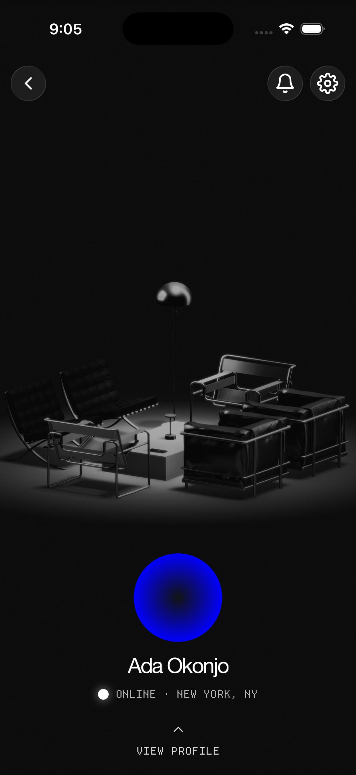 A member's own card over the lounge render — avatar, name, online status and a pull-up to the full profile.