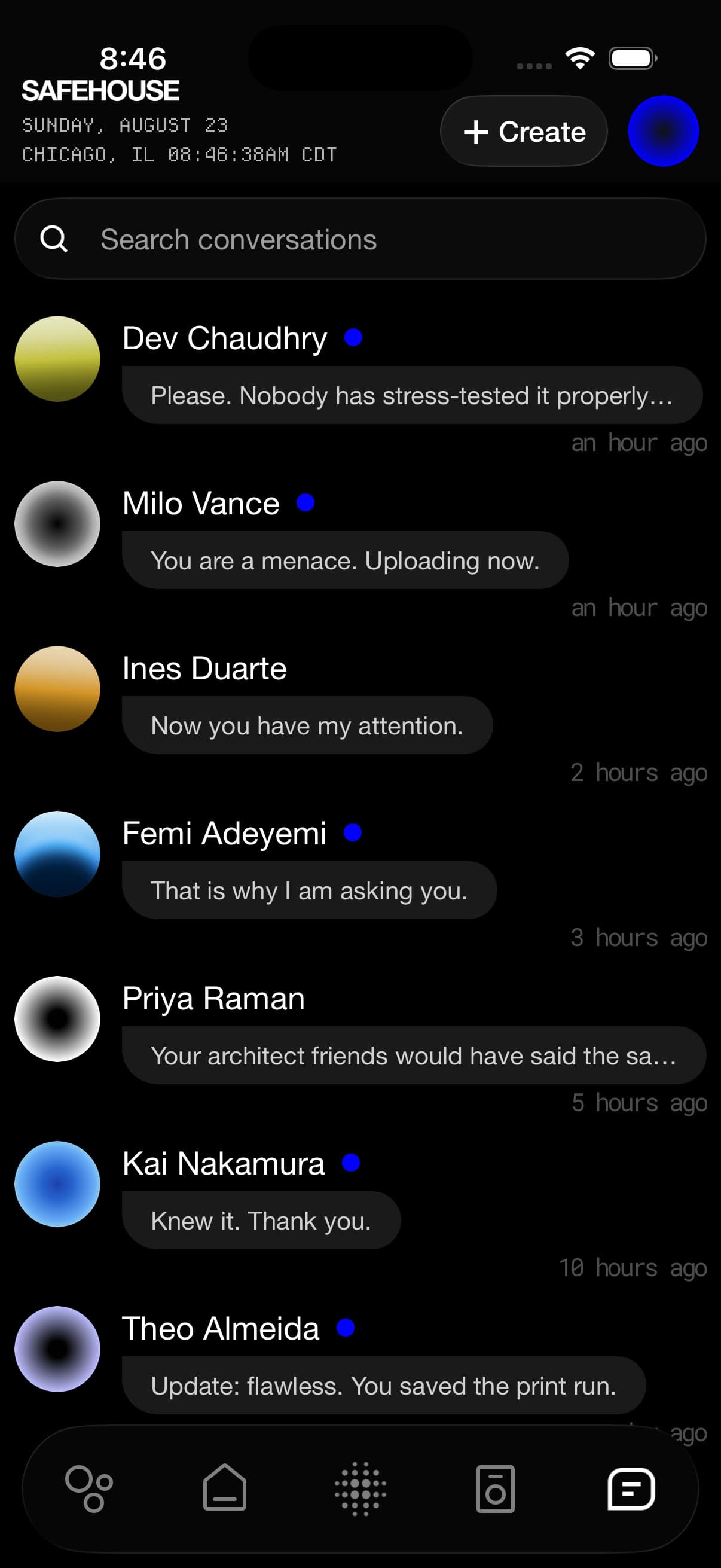 The conversation list: each member with the last line they sent and how long ago.
