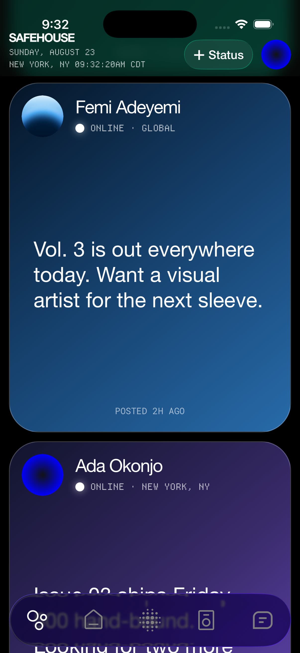 Statuses from the micro-world, each on its own coloured ground, filling the screen one after another.
