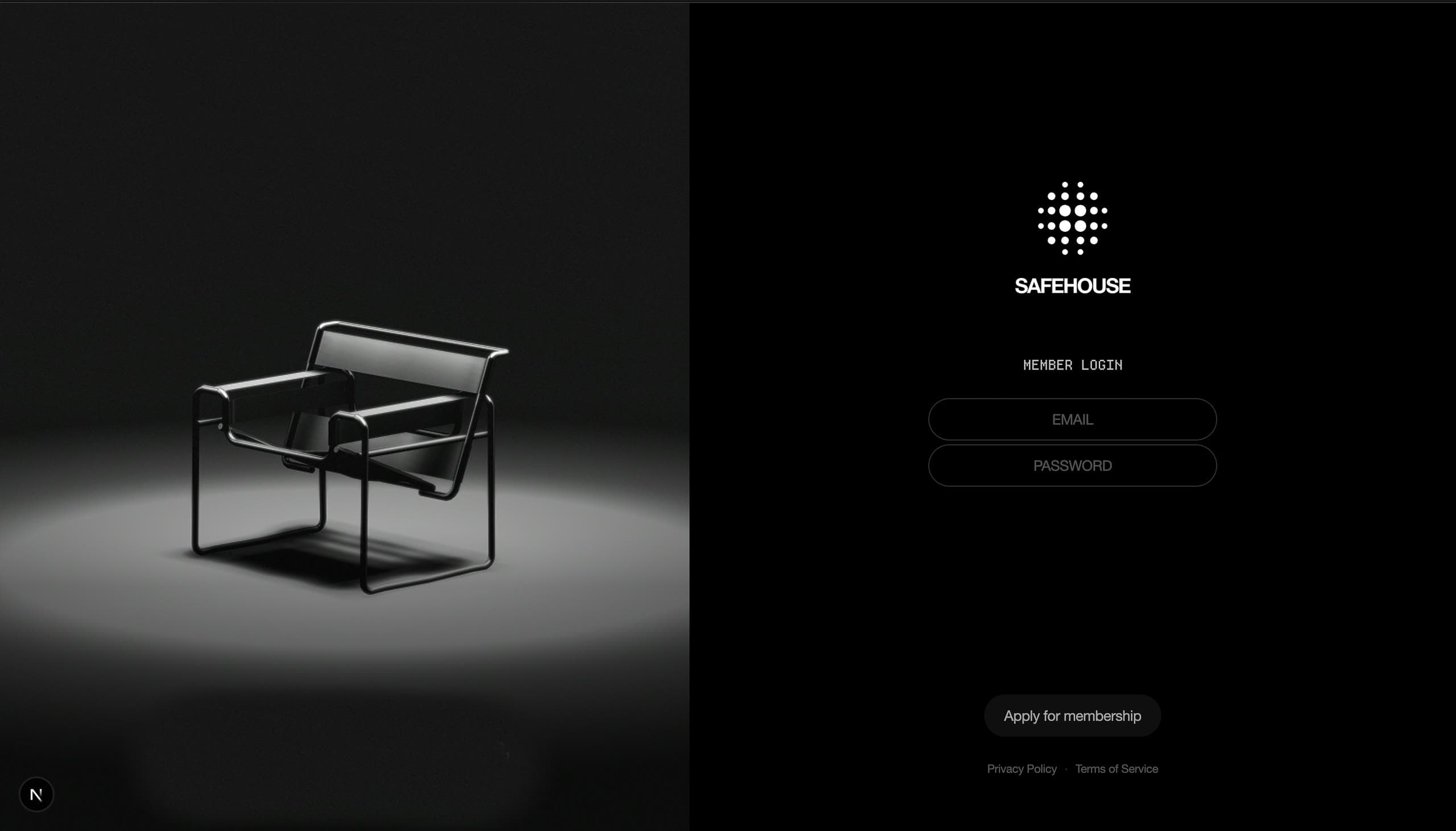 The Safehouse member login: a Wassily chair lit in a dark room, beside the dot mark and an email and password field.