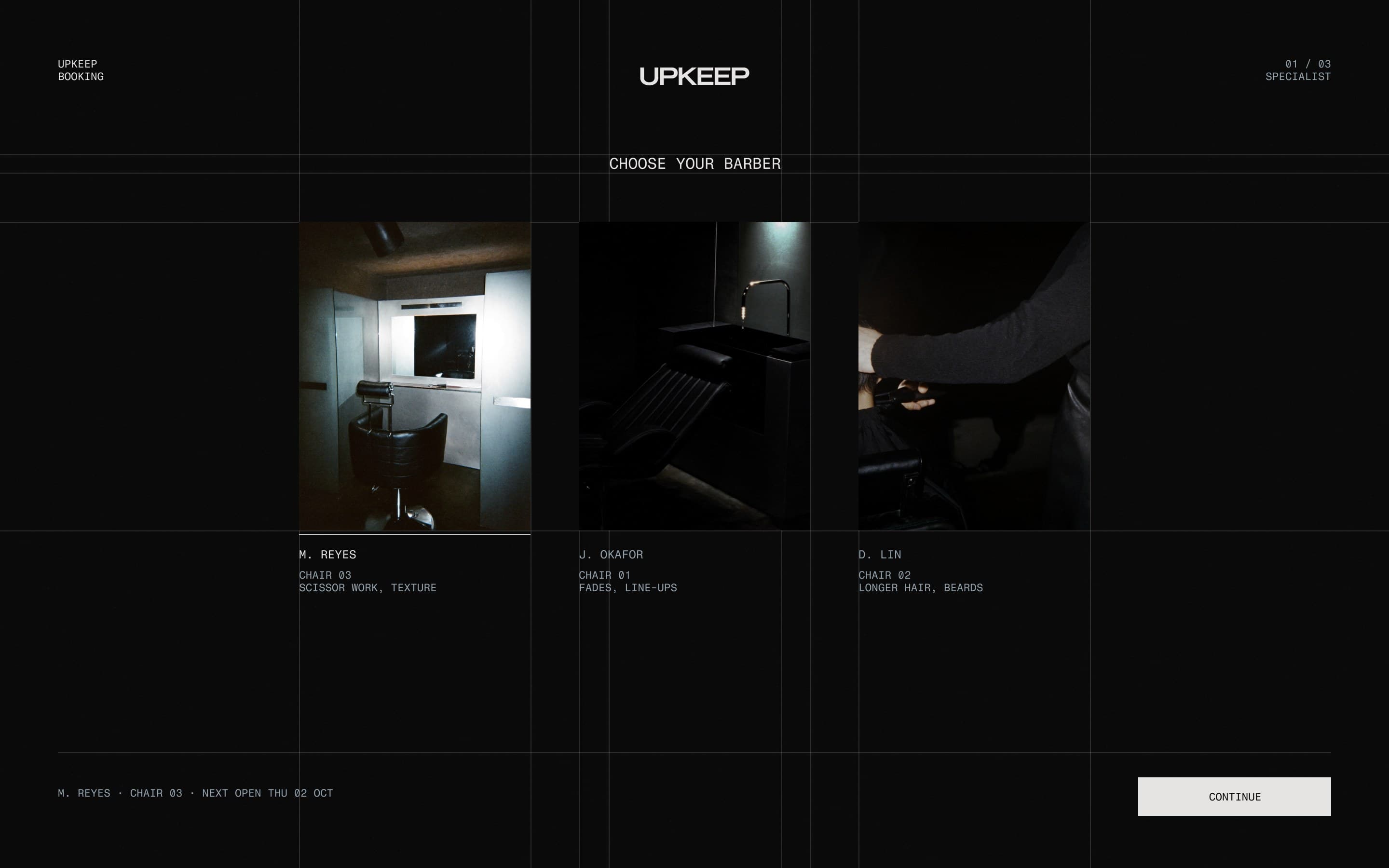 Booking, step one: three barbers to choose from, each shown by a photograph of their chair.