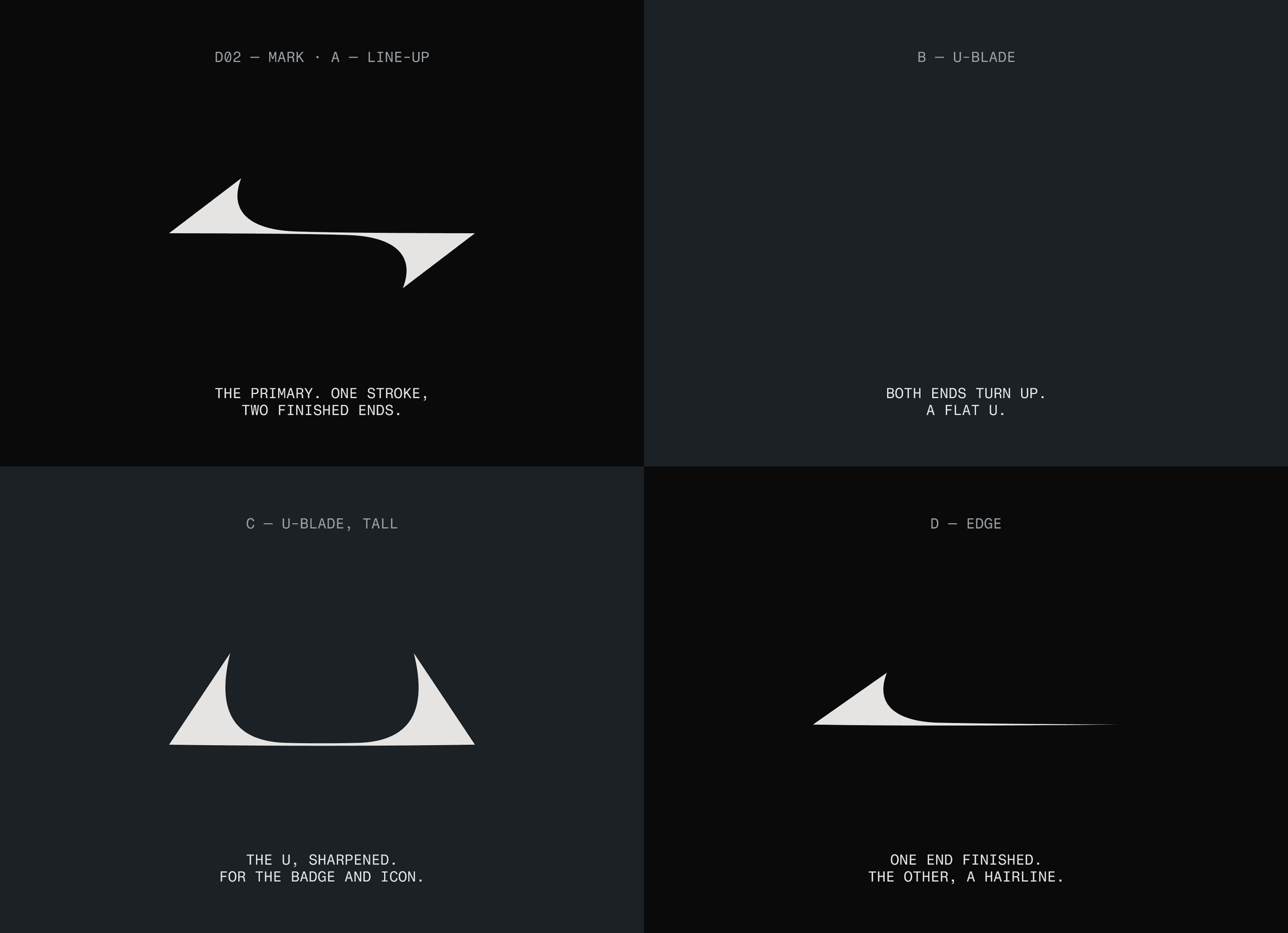 The mark in four cuts on alternating black and steel panels: the Line-up, the U-blade, the tall U-blade and the Edge.