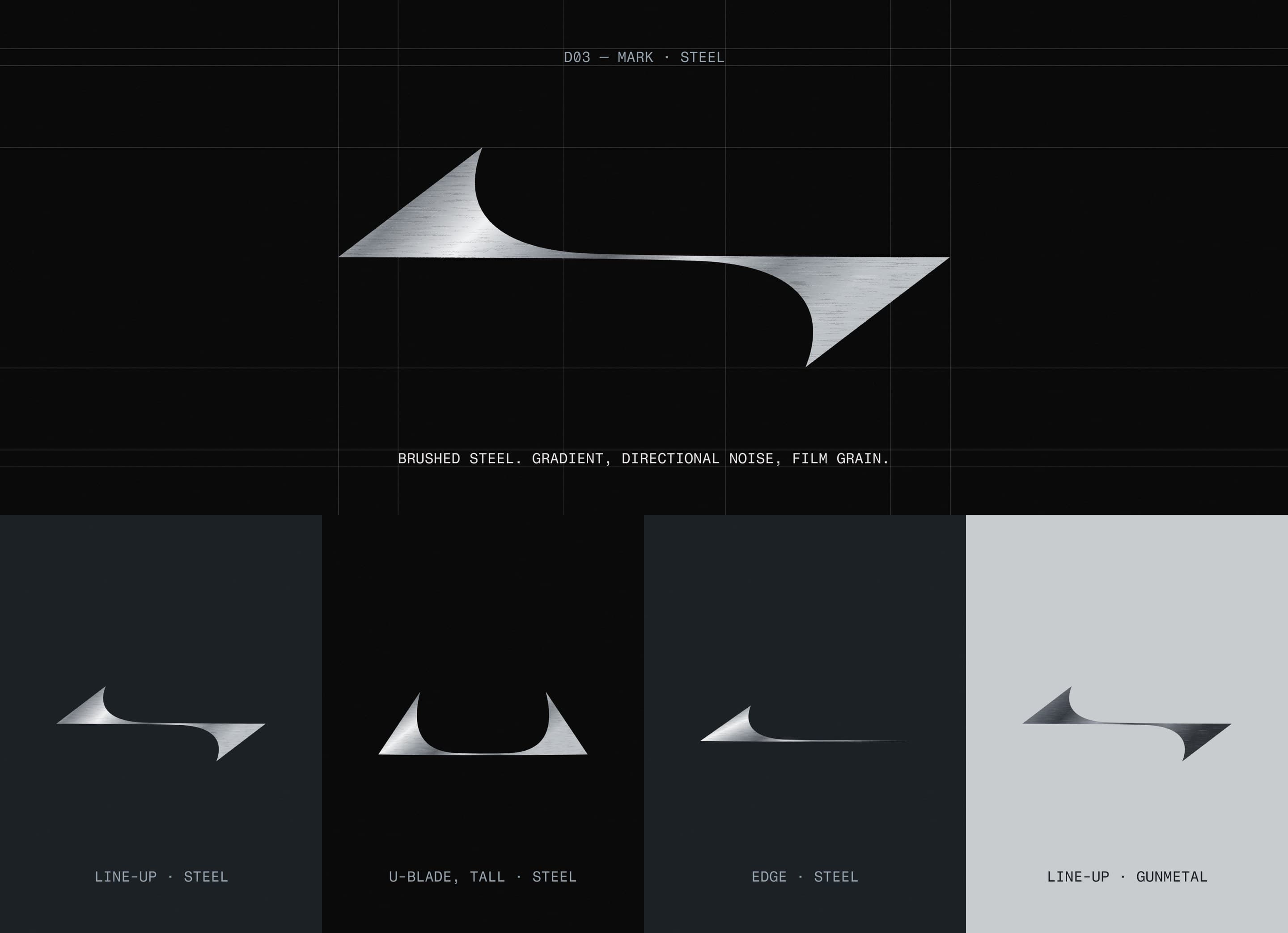 The UPKEEP mark, a single blade-like stroke with two finished ends, rendered in brushed steel, above four smaller versions on steel, black and pale grounds.