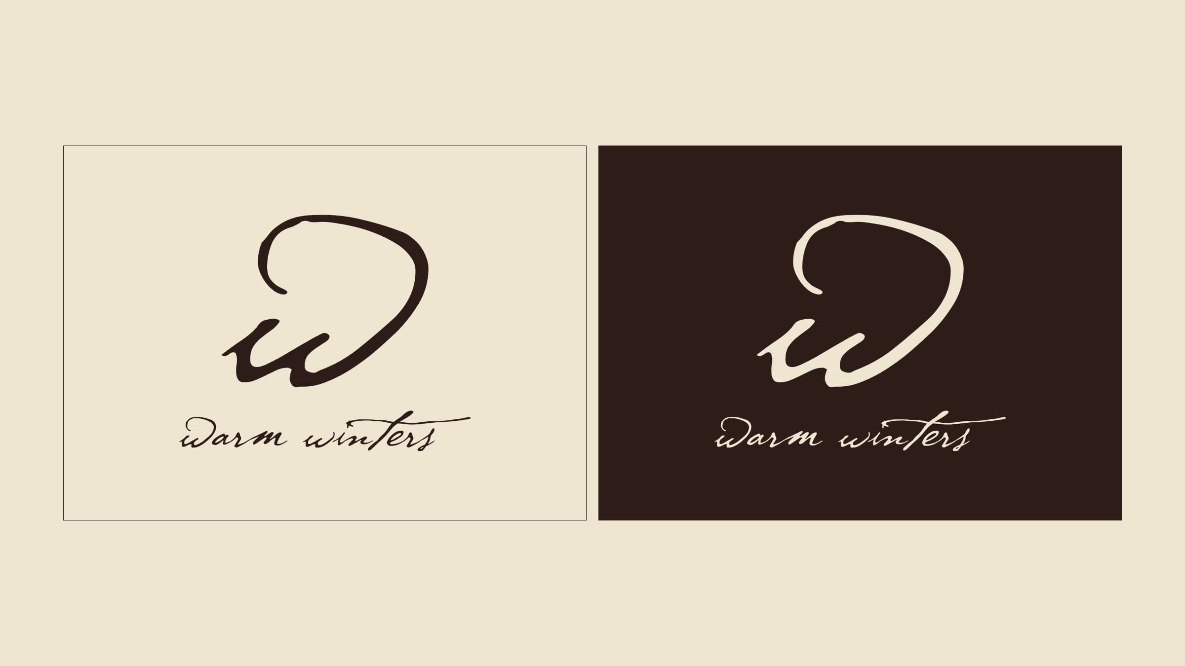 The Warm Winters lockup, a large lowercase script w over the name in the same script, in espresso on ecru and in ecru on espresso.