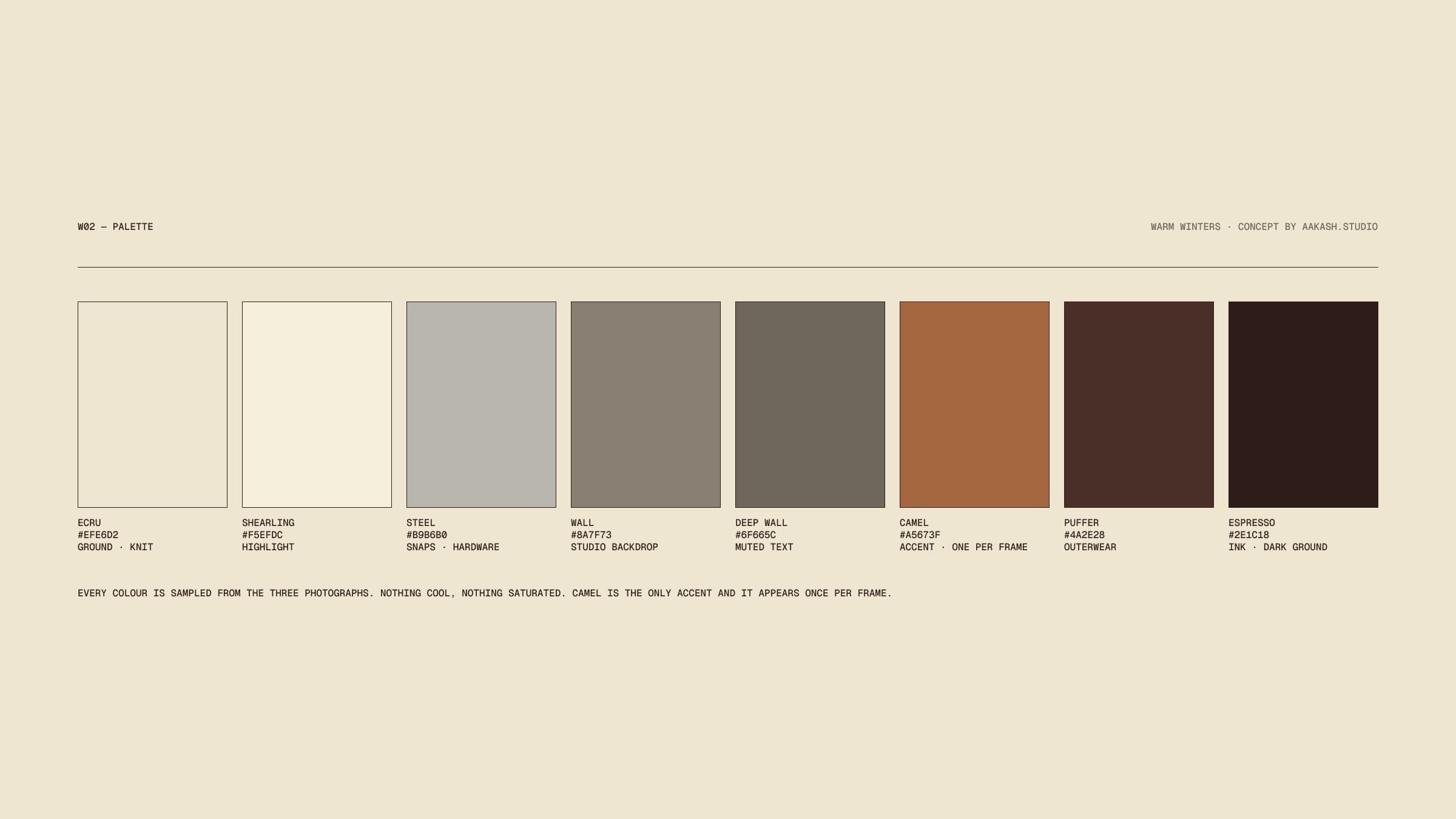 The Warm Winters palette: eight swatches from ecru and shearling through steel, two wall greys and camel to puffer and espresso, each with its value and its use.