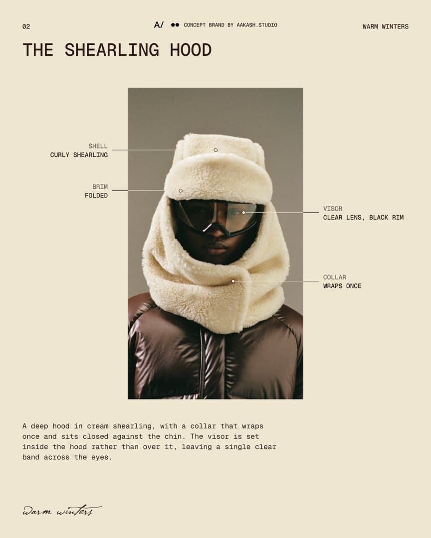 Spec sheet for the shearling hood: the photograph on ecru paper with hairline callouts for shell, brim, visor and collar, and a short description.