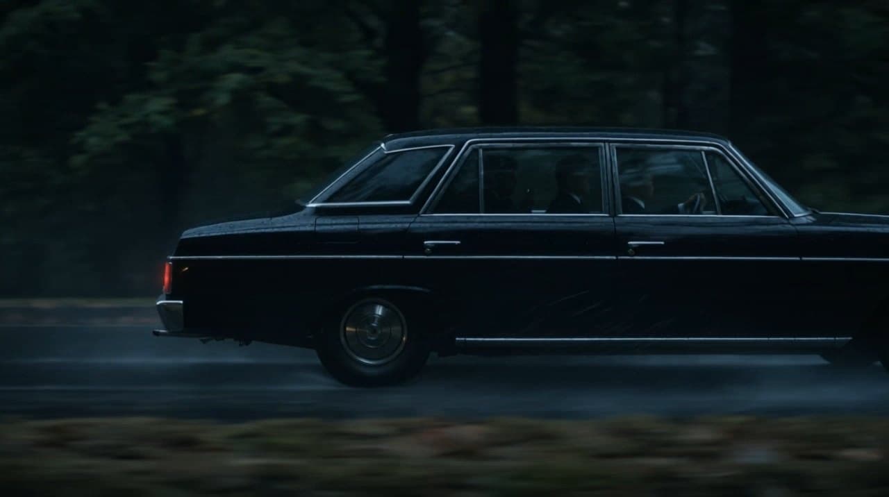 Scene 02: a black Century sliding side-on through the forest, exhaust hanging in the cold air.
