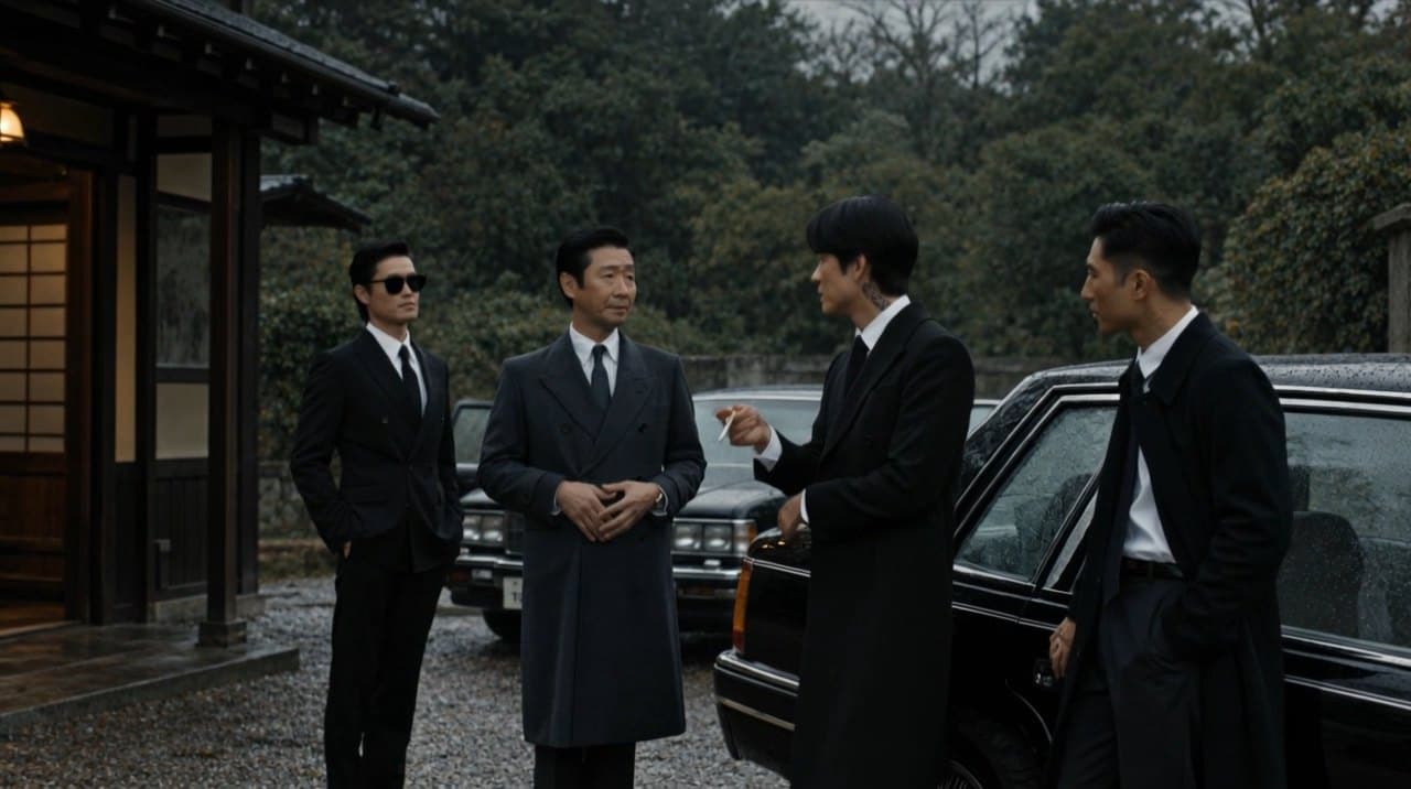 Scene 01: four men in dark coats talking beside black cars outside the tailor's house.
